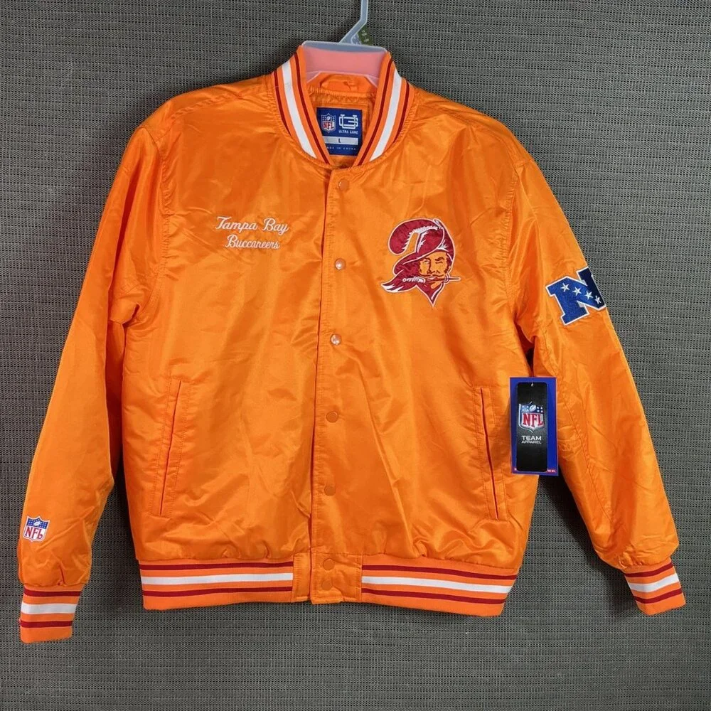 Tampa Bay Buccaneers NFL Ultra Game Mens Size Large Orange Satin Bomber Jacket - Picture 1 of 9